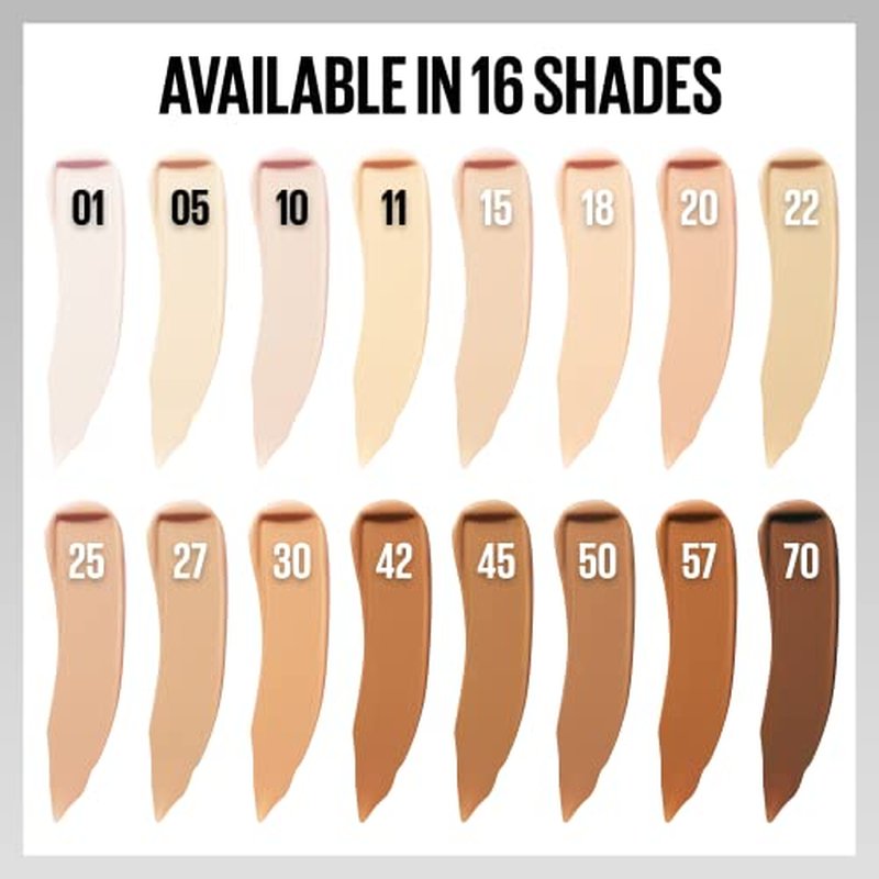 Maybelline Super Stay Liquid Concealer Makeup, Full Coverage Concealer, Up to 30 Hour Wear, Transfer Resistant, Natural Matte Finish, Oil-free, Available in 16 Shades, 01, 1 Count