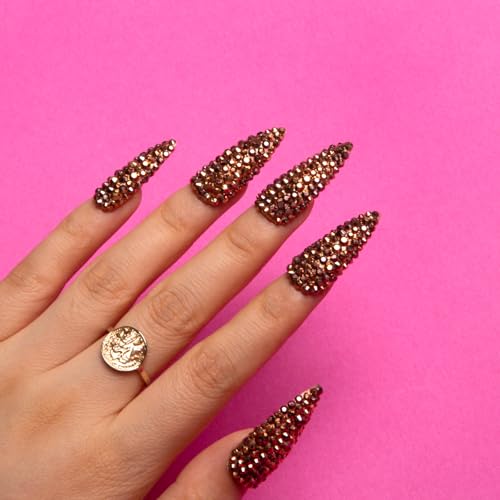 Reusable Gold Rhinestone Press-On Nails - Stiletto Full Cover Fake Nails, Salon Quality, 1.3 Inch