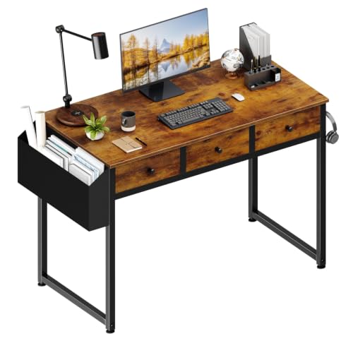 Lufeiya Rustic Brown 39.4 Inch Desk with 3 Fabric Storage Drawers for Bedroom & Home Office