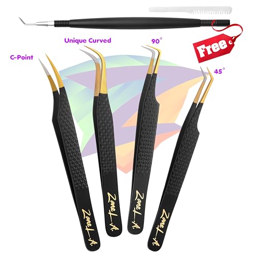 Zane L.A. Nano Fiber Tip Professional Eyelash Extension Tweezers, a pack of 4, Quality tweezers made with Japanese Stainless Steel, FREE Eyelash Separator. (Black)