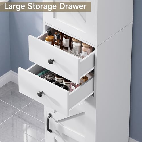 Tall Narrow Bathroom Storage Cabinet with 2 Doors & Drawers - White 11.8" W