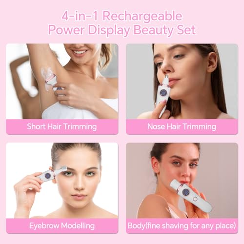 Electric Razor for Women, 4-in-1 Bikini Trimmer & Body Shaver for Face, Legs, Underarms, Pubic Hair, Rechargeable Wet/Dry Painless Hair Removal with LED Light & Travel Lock