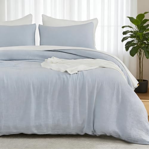 EMME King Blue Muslin Cotton Duvet Cover Set - Linen-Like, 104 x 90 inches