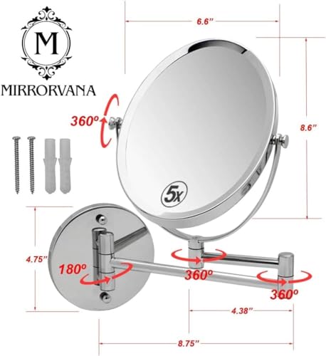 Wall Mounted Makeup Mirror with 5X Magnification, 6.6x8.6 Inch Oval Chrome