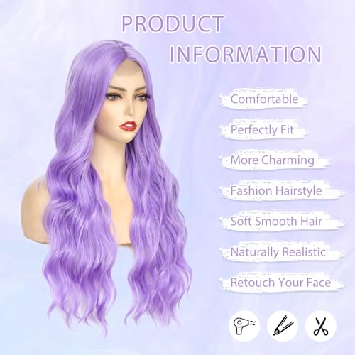 Long Purple Wavy Wig for Women 26 Inch Light Purple Middle Part Curly Wig - Angzon