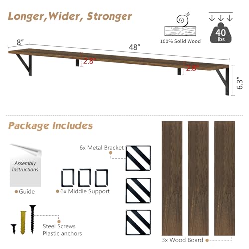 Forbena 48 Inch Wall Floating Shelf, 8" Deep Rustic Brown Wood with Black Metal Brackets