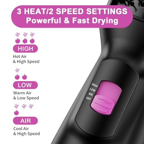 SHOSHE Black Pink Dual Voltage Mini Hair Dryer Brush with UK/EU Plug, All-in-One Volumizer & Styler