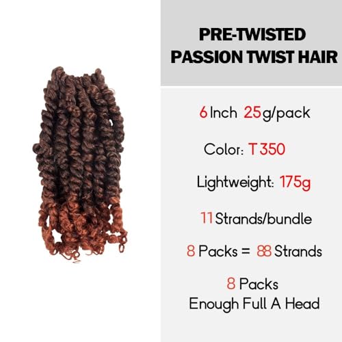 Pre-twisted Passion Twist Crochet Hair 6 Inch Ombre Ginger Red Pack of 8 for Black Women