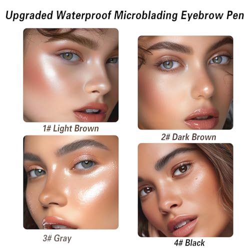 4 Pack 3D Eyebrow Pencil, 4 Tip Microblading, 24 Hours Smudge Proof Brow Pen, Brow Pen Makeup Natural Fine Stroke, Waterproof Eyebrow Pencil (Light Brown, Dark Brown, Grey, Black)