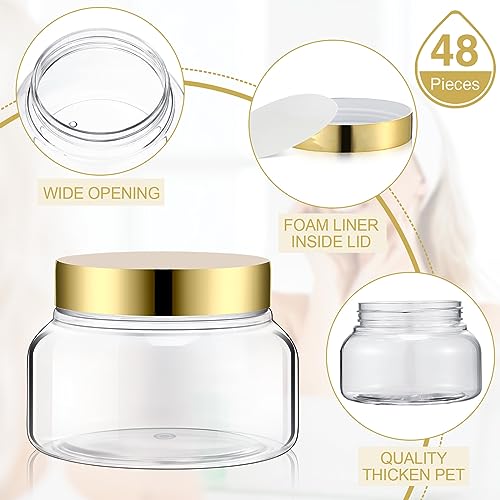 Mumufy Round Plastic Containers Plastic Jars with Lids Empty Travel Containers for Creams Refillable Cosmetic Jars for Lotions Body Scrub Body Butter(8 oz,Gold,Clear,48pcs)