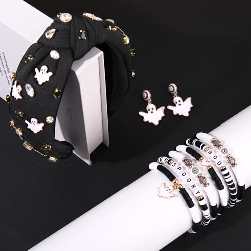 Halloween Headbands & Accessories - Jeweled Ghost Candy Corn Knotted Headband, Bracelets, Earrings & Hair Accessories for Women - Halloween Outfits (Pattern A)