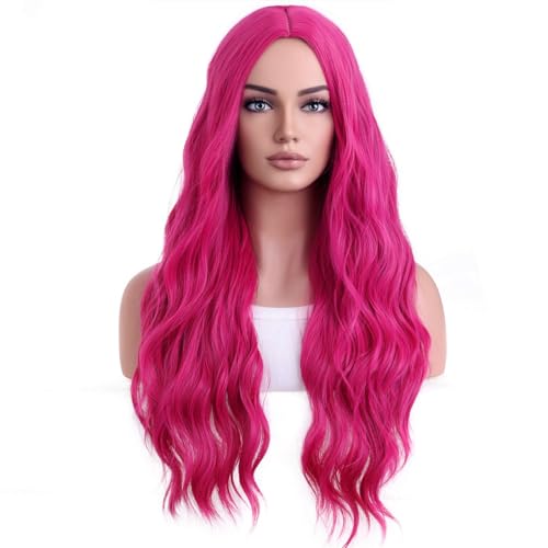 Hot Pink Long Wavy Curly Wigs for Women - Heat Resistant Synthetic Hair for Halloween & Cosplay - BERON Variation