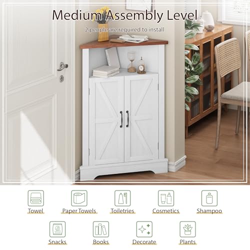 Farmhouse Corner Storage Cabinet with Barn Door - White Narrow Organizer