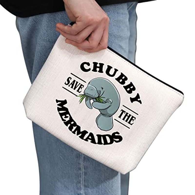 G2TUP Sea Manatee Lover Gift Save The Chubby Mermaids Makeup Bag Manatee Sea Cow Cosmetic Bag Animal Lover Gift Zipper Travel Bag (Save The Chubby Mermaids White Bag)
