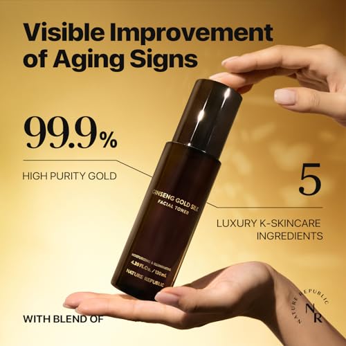 Nature Republic Ginseng Gold Silk Facial Toner, Hydrating Glow Toner, Niacinamide & Silk Amino Acid, Royal Jelly Extract, Holiday Gifts, Korean Skin Care for All Skin Types 130 ml / 4.39 Fl. oz.
