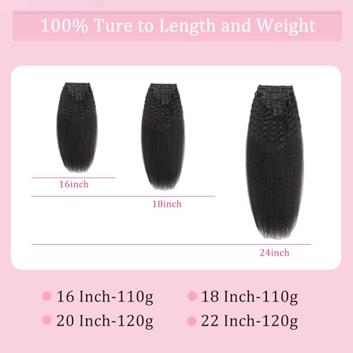 26 Inch Kinky Straight Clip-In Hair Extensions - Natural Black, 125g