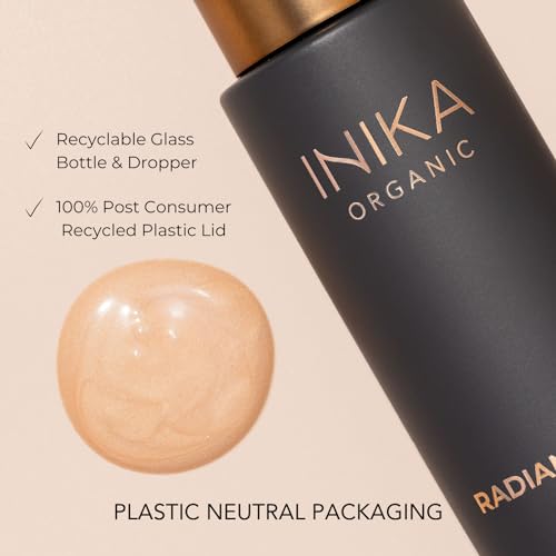 INIKA Organic Radiant Glow | Illuminate & Prime. Dewy, radiant Finish. Beautifying Primer, Nourishing Moisturiser, Finishing Highlighter. 100% Natural, 72% Organic Ingredients. Alcohol Free. 30mL