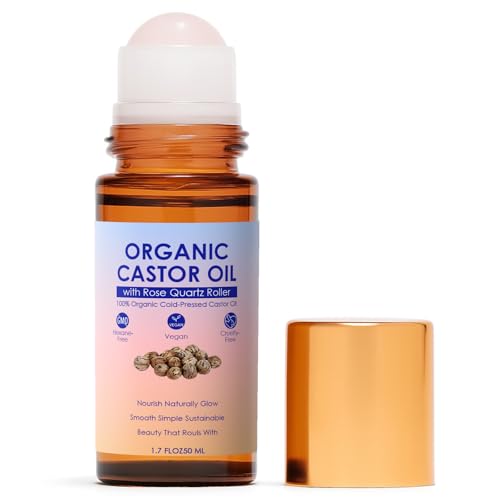 Organic Castor Oil Roll-On with Rose Quartz Roller Ball - Pure & Unscented, 1.7 Fl Oz