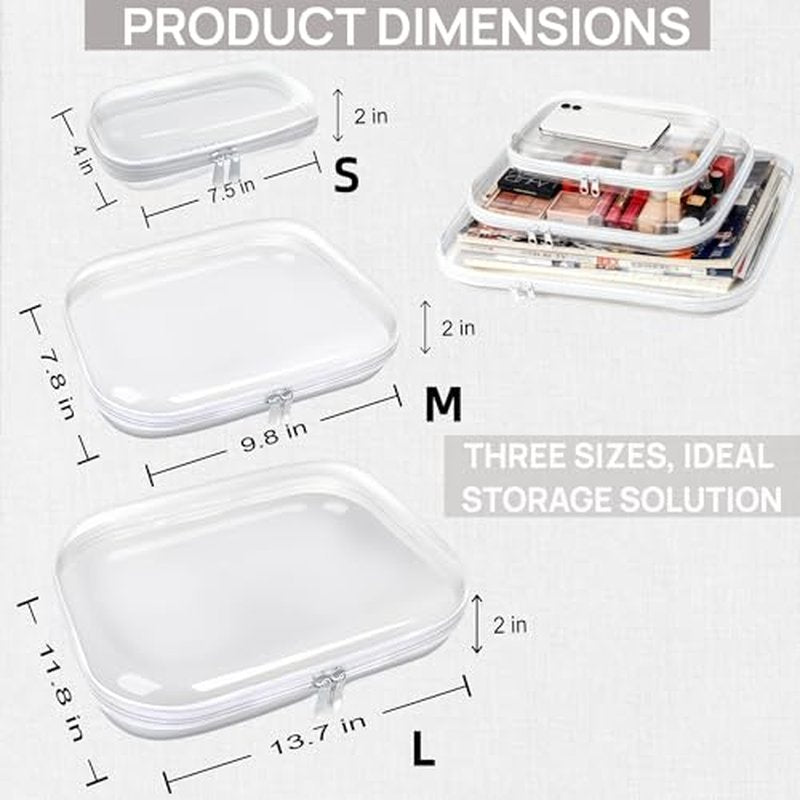 3PCS Clear Hard Plastic Zipper Case, Double Zippers Hard Pouch, Portable Travel Organizer Bin Clear Makeup Bag for Toy Storage, Snack Bag, Cosmetics, Pencil Case, Diaper Bag, Toiletry Bag (3PCS-M)