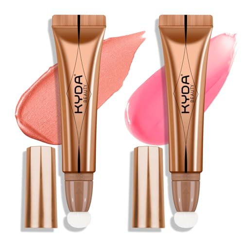 KYDA 2 Colors Liquid Blush Wand Set, Matte Shimmer Blush Duo, Buildable Smooth Coverage for Natural Glow Cheeks Color, Lightweight Blendable Formula, Grateful Red+Matte Pink