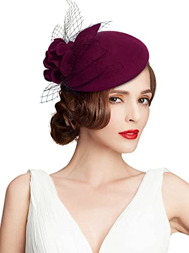Vintage 1920s Wool Felt Flower Fascinator Pillbox Hat with Variation 018 Wine Red for Women