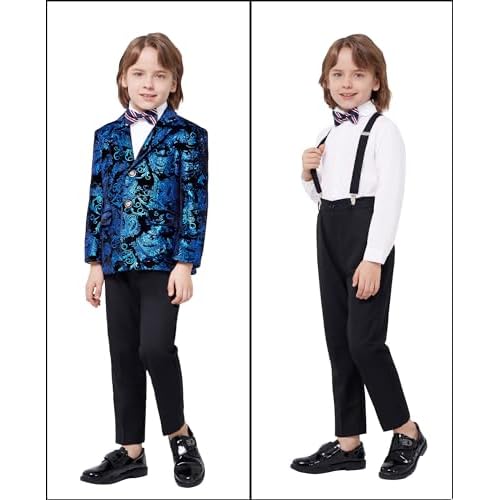 MAGE MALE Boys 3 Pieces Suit Colour Jacquard Slim Fit Jacket Pants Set for Wedding Prom Party Tuxedo with Kids Suspenders