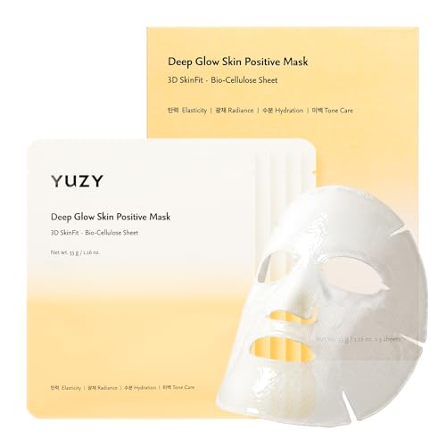 YUZY Deep Glow Vegan Sheet Mask with Peptide & Yuzu Extract, Hydrating Korean Face Mask 5 Sheets