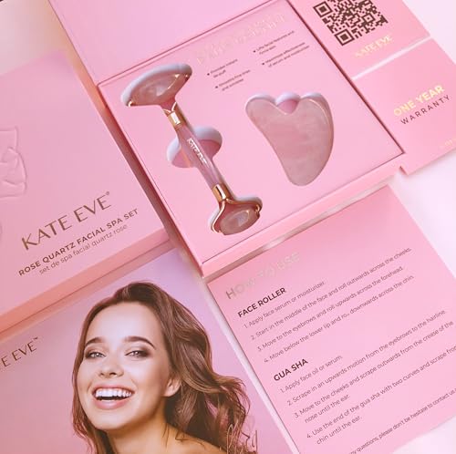 Rose Quartz Facial Roller & Gua Sha Set for Skin Massage and Puffiness Relief