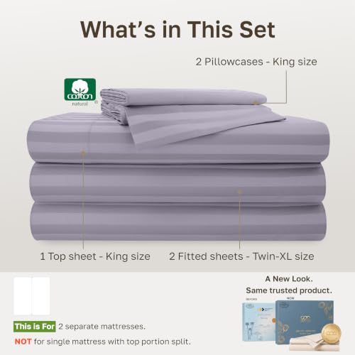 Lavender Striped 16-Piece Split King Cotton Sateen Bed Sheets Set