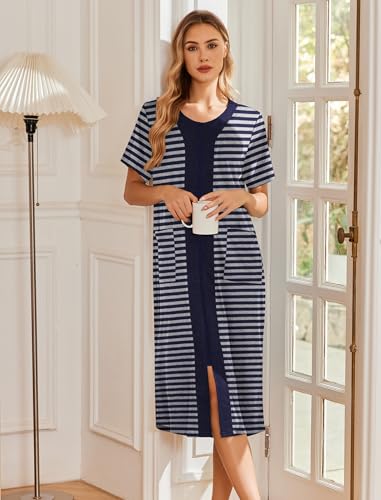 Women’s Short Sleeve Zipper Bathrobe with Pockets - Navy Blue X-Large