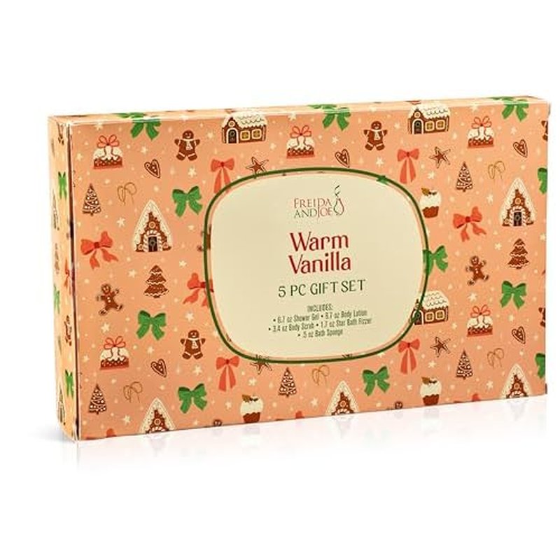 Freida & Joe Fragrance Bath & Body Collection Gift Box, Includes Shower Gel, Body Lotion, Body Scrub, Bath Bomb & Sponge (Warm Vanilla 3.0) ? Mother's Day Gift for Mom