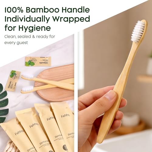 50 Pack Bamboo Toothbrushes with Toothpaste - Individually Wrapped, Soft Bristles, Guest-Ready