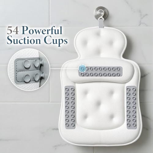 VOXOR White Extra Thick Bath Pillow with 54 Non-Slip Suction Cups - Comfortable Tub Cushion for Head Neck & Back Support