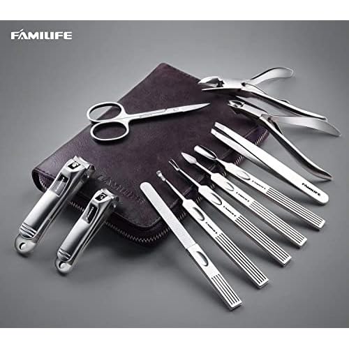 FAMILIFE 100% Stainless Steel Ingrown Toenail File Sided with Storage Case and 11 in 1 Stainless Steel Manicure Set with Box