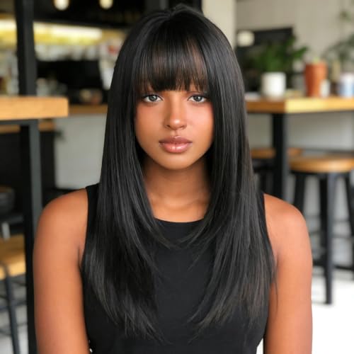 Black Synthetic Wig with Bangs for Women - Long Straight Hair Costume Wig