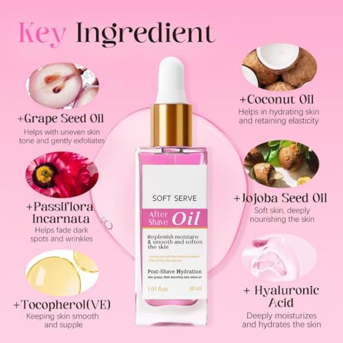 Strawberry Vanilla After Shave Oil, Moisturize and Smooth Skin, Prevent Ingrown Hairs & Dryness, Soft Serve After Shave Oil for All Skin Types (1.01 fl. oz.)