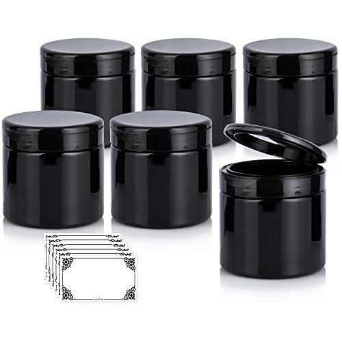 JUVITUS (6 Pack) 16 oz Black PET Plastic Refillable Jar with Black Flip Top Cap + Labels