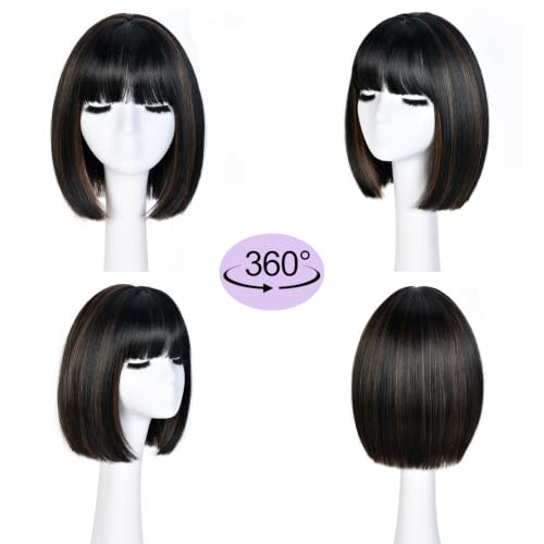 Highlight Brown Bob Wig with Bangs - Short Synthetic Wigs for Women Girl - Curly & Soft