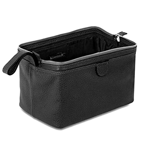 KomalC Buffalo Leather Travel Toiletry Bag - Black, Men's & Women's Organizer