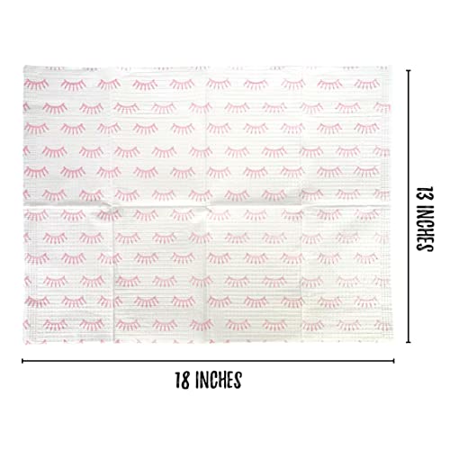 Disposable Lashing Dental Bib | 125 Pack | Size 13x18" inches | Eyelash Extension Supplies | White Bib with Pink Lash Print Design