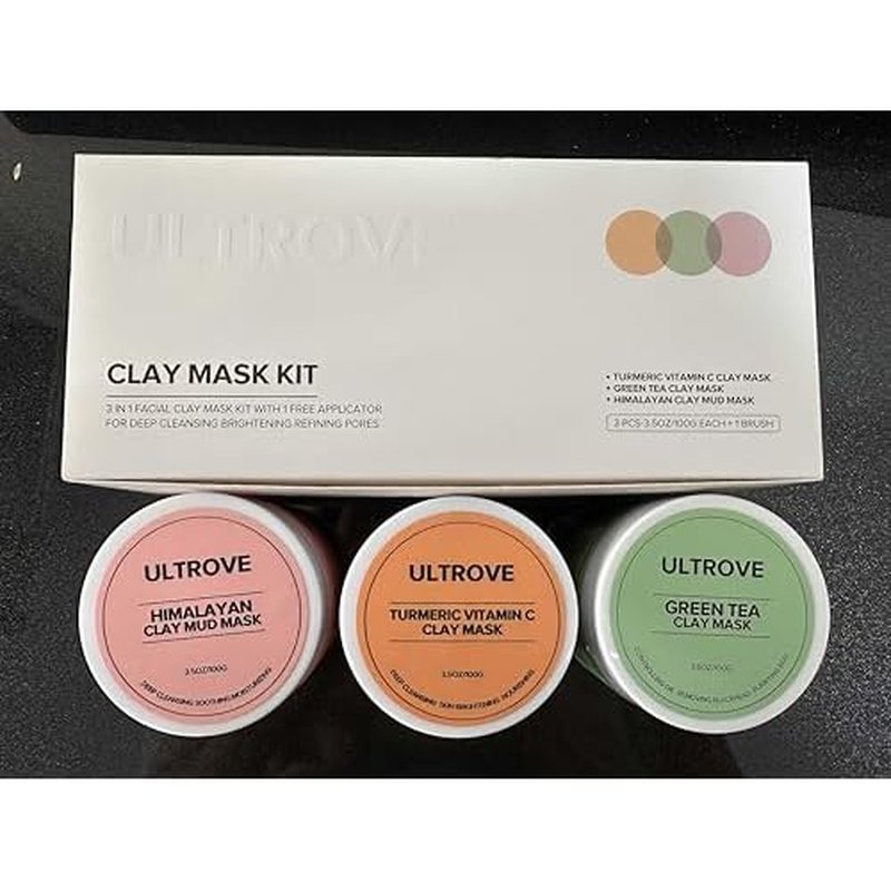 3-in-1 Clay Mask Set for Face | Green Tea, Turmeric Vitamin C & Himalayan Pink Clay | Deep Cleansing, Pore Refining, Moisturizing Facial Mask Kit (3.5oz Each) + Silicone Brush