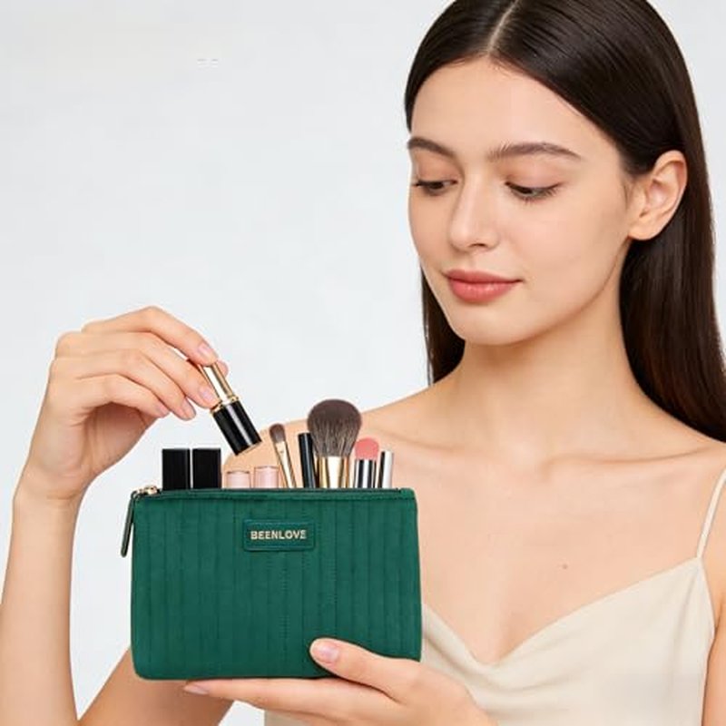 2 Pcs Small Makeup Bag Soft Velvet Cosmetic Bag Aesthetic Preppy Travel Toiletry Organizer Storage Pouch Perfect Valentine Gift for Women£¨Green£©