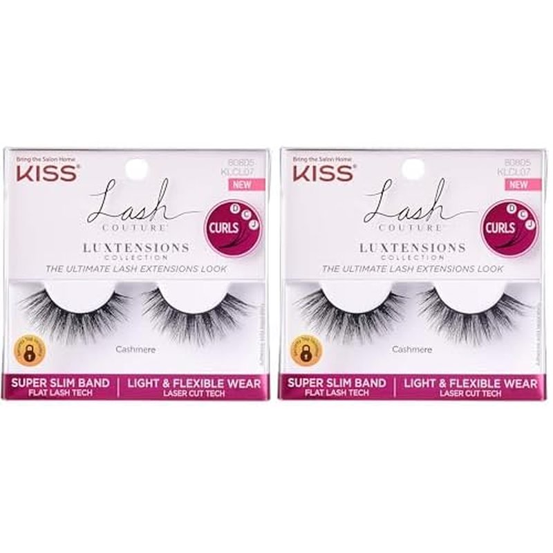 KISS Lash Couture LuXtensions Collection False Eyelashes, Flat Lash Technology, Super Slim Lash Band, Real Lash Extension Fibers, Reusable, Style ¡®Cashmere¡¯, 14mm, 1 Pair Strip Lashes (Pack of 2)