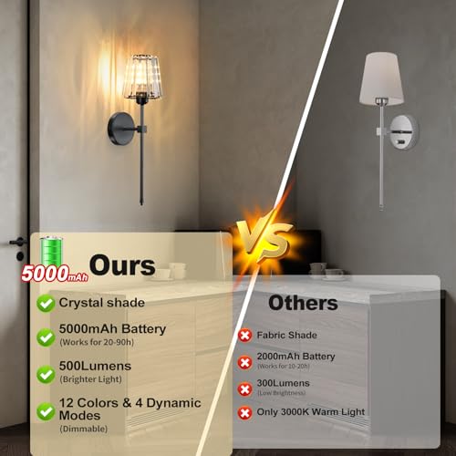 Black Battery Operated Crystal Wall Sconce Set of 2 with Remote & 12 Colors