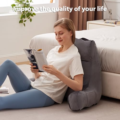 IPYNBAP Reading Pillow for Bed - 24 Inch Grey Backrest Support with Arms & Storage - Large