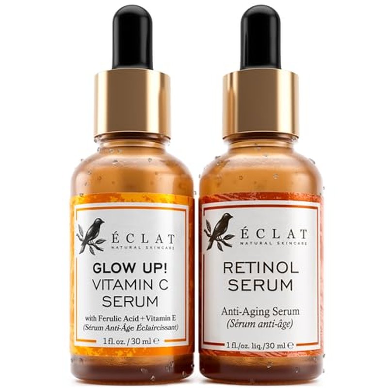 Eclat Skincare Vitamin C Serum + Retinol Serum Duo ? Day & Night Skin Care Set with Hyaluronic Acid, Ferulic Acid, Vit E & Aloe ? Brightening, Smoothing & Radiance Facial Care