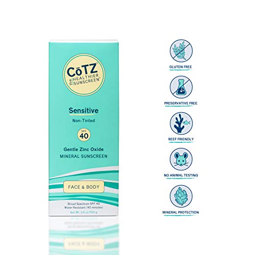 COTZ Sensitive Non-Tinted Zinc Oxide Mineral Sunscreen for Body and Face; Broad Spectrum SPF 40; 3.5 oz / 100 g