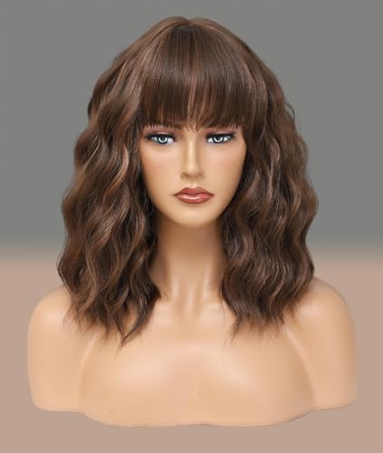 Brown Highlights Blonde Wig with Bangs - 14 Inch Wavy Bob Hair for Women - WAVE&BREEZE