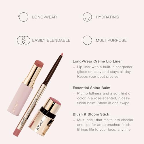 Jouer Bare Rose Collection - Blush Stick, Cream Lip Liner, Lip Plumping Balm Kit - Face Makeup in Rose Shades - Hydrating Formulas for Long Wear