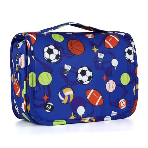 Kids Hanging Toiletry Bag for Boys - Blue Soccer Balls Travel Organizer Waterproof
